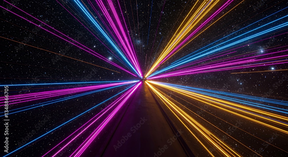 Obraz premium Futuristic speed through stars with neon light streaks background