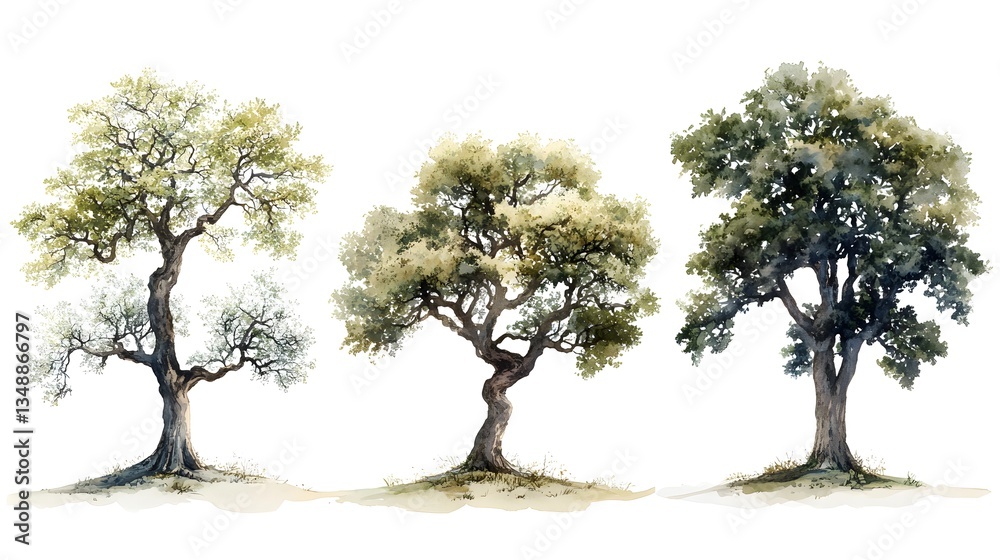 Three watercolor illustrations displaying different trees isolated on white