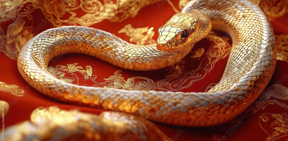 Fototapeta premium Happy Lunar New Year 2025, Gold Snake Symbolizing Prosperity and Fortune on Red Background