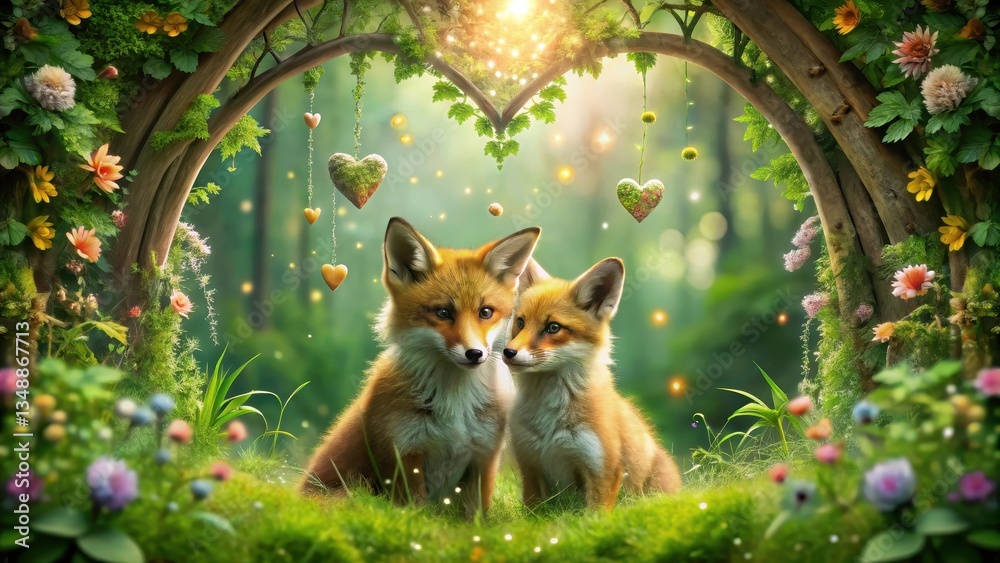 Obraz premium Two Adorable Fox Kits Embrace in a Heart-Shaped Enchanted Forest Setting with Hanging Moss Hearts and Glowing Lights
