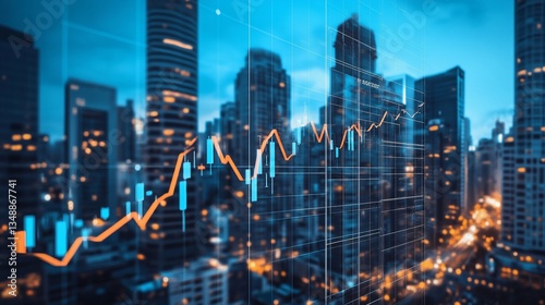 Financial growth chart overlayed on blurred cityscape illustration showing market trends