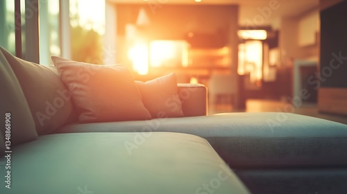 Sleek Modern Sectional Sofa Positioned Left, Highlighted Against a Softly Blurred Contemporary Living Room Setting With Space Left Empty for Adding Custom Text