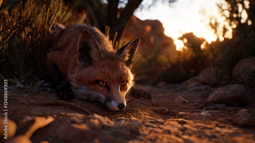 A serene fox resting on the ground at sunset in a desert landscape, surrounded by nature A serene fox resting on the ground at sunset in a desert landscape, surrounded by nature