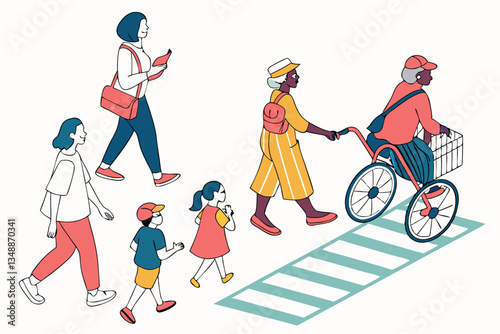72 Colorful line drawing, diverse group of people, various ages and body types, different outfits and accessories, walking poses, wheelchair user, bicycle rider, pregnant woman, children, elderly, cas
