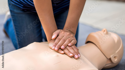 basic CPR training resuscitation emergency breathing Performing CPR on a mannequin to practice lifesaving techniques. photo