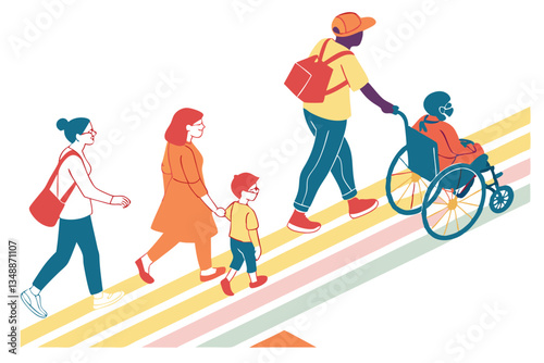 72 Colorful line drawing, diverse group of people, various ages and body types, different outfits and accessories, walking poses, wheelchair user, bicycle rider, pregnant woman, children, elderly, cas