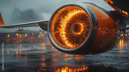 Close-up view of a powerful jet engine as an airplane takes off into the clear blue sky