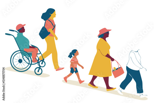72 Colorful line drawing, diverse group of people, various ages and body types, different outfits and accessories, walking poses, wheelchair user, bicycle rider, pregnant woman, children, elderly, cas