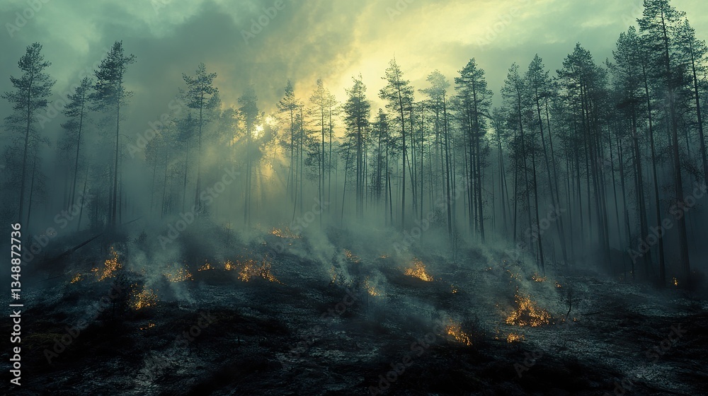 custom made wallpaper toronto digitalBurning forest scene featuring tall trees smoke and sunlight beams