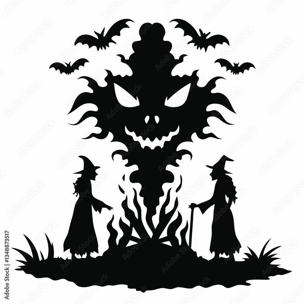 Fototapeta premium Witches summoning fiery spirit with bats icon