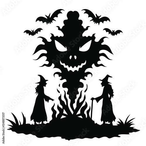 Witches summoning fiery spirit with bats icon