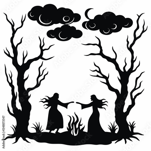 Two witches performing ritual by fire icon