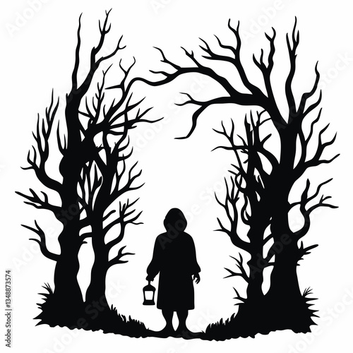 Hooded figure with lantern in haunted forest icon