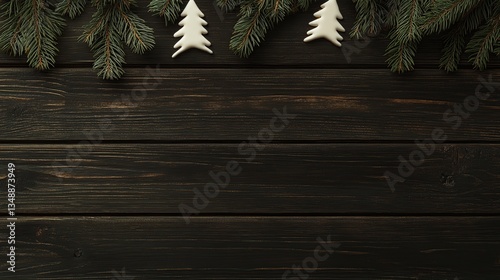 Festive fir branches frame wood; winter holiday background