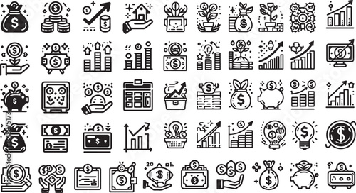 Adobe Illustrator Artwork, A grid of numerous outlined icons representing various financial and investment symbols, illustrating a broad range of monetary concepts and transactions.