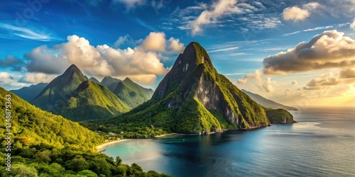 St. Lucia's Pitons: Minimalist photography captures volcanic peaks and Caribbean paradise.