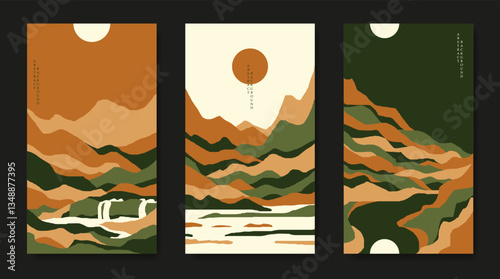 Three colorful vertical landscapes with mountainous terrain, painted in Asian style.