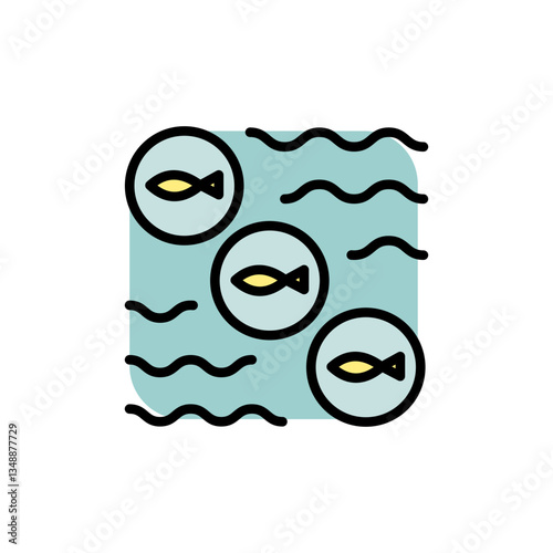 Floating farm color icon. Fish farming industry polyester ponds. Marine agriculture enclosure. Underwater ocean farms technology equipment vector illustration.