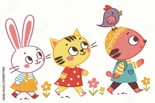 76 Colorful cartoon animal characters, childlike drawings, playful poses, diverse animal types, simple shapes, bright colors, hand-drawn style, whimsical outfits, cheerful expressions, anthropomorphic