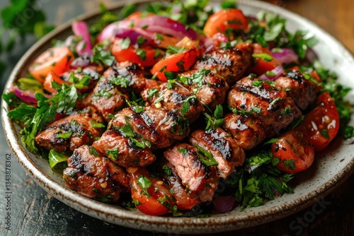 Colorful gastric sleeve meal on a small white plate, featuring a fresh salad with lean protein and a light, low-calorie dressing .