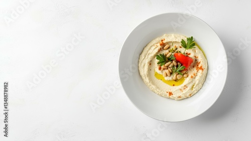 Delicious hummus with olive oil, parsley, and pine nuts in a white bowl on a light background.