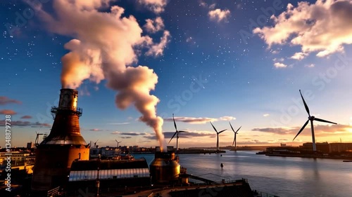 Stunning timelapse of an industrial steam chimney in Copenhagen, with a wind farm in the bay at sunset. Perfect for backgrounds, travel, and architecture themes