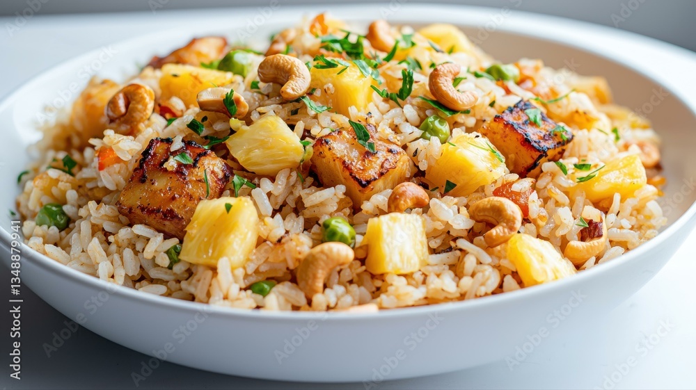 Delicious pineapple fried rice garnished with cashews and herbs in a white bowl. Perfect for a tropical meal. Delicious pineapple fried rice garnished with cashews and herbs in a white bowl. Perfect for a tropical meal.