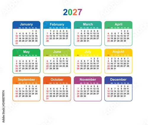 Calendar grid 2027 colorful vector Simple layout of pocket or wall calendar, Sunday Start Horizontal colorful calendar