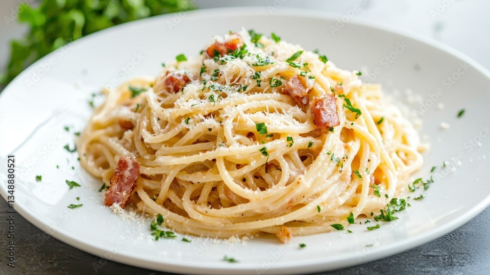 Delicious spaghetti carbonara plated with grated cheese, bacon bits, and parsley on a white dish, ready to enjoy. Delicious spaghetti carbonara plated with grated cheese, bacon bits, and parsley on a white dish, ready to enjoy.
