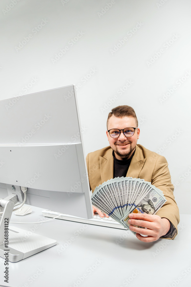 A young businessman in glasses enjoys a large sum of cash in his hands in a modern office. The concept is to convey the feeling of achieving financial independence and success in business. A young businessman in glasses enjoys a large sum of cash in his hands in a modern office. The concept is to convey the feeling of achieving financial independence and success in business.