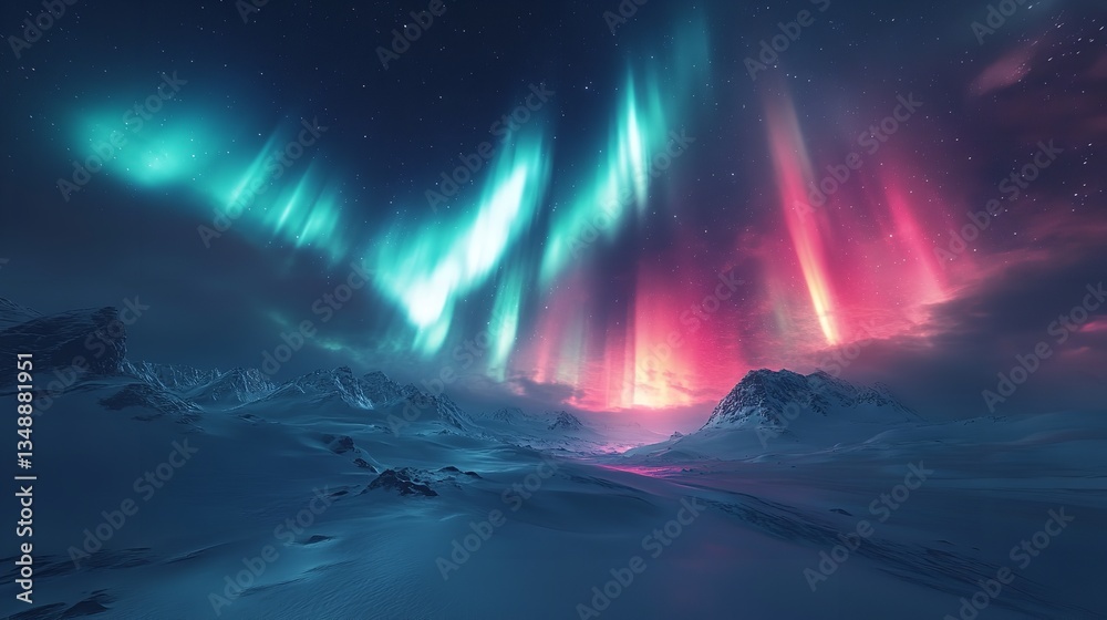Naklejka premium A breathtaking view of the Northern Lights over a snowy landscape, with stars twinkling in the sky