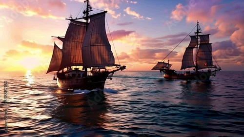 old three ships sunset in sea