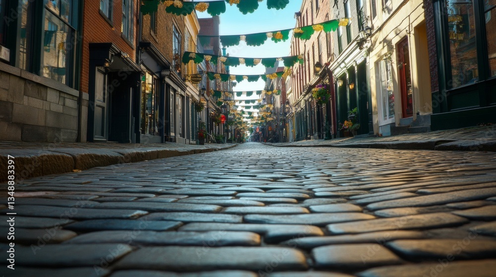 Fototapeta premium Cobblestone Street Decorated With Festive Green Garlands