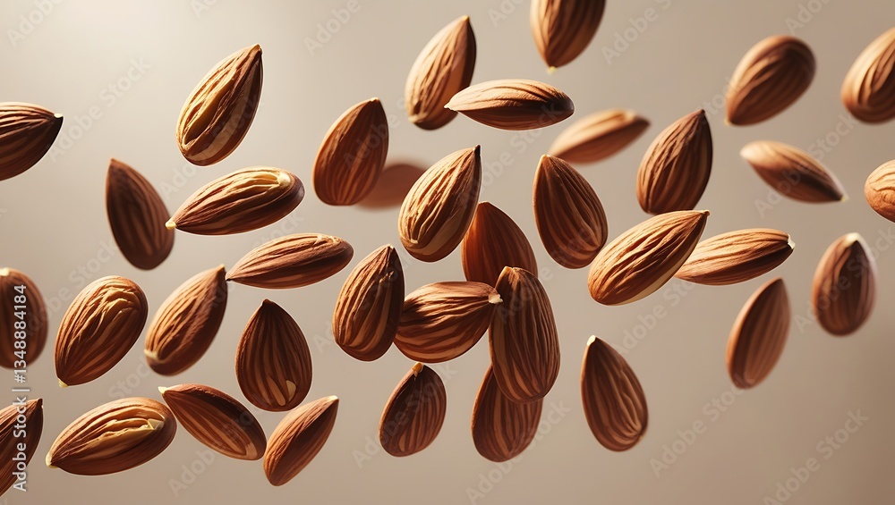Obraz premium Nutty Cascade: Almonds take center stage in this captivating shot, showcasing their elegant form as they elegantly cascade, inviting viewers to indulge in the allure of health and nature
