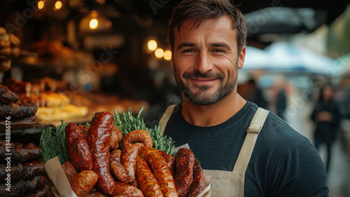 A 33-year-old handsome man stands confidently, holding in his hands a large and impressive bouquet made entirely of smoked and dry-cured sausages, showcasing a unique and eye-catching arrangement.
