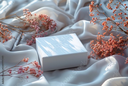 Blank mockup of a white box on a light background and dried flowers
