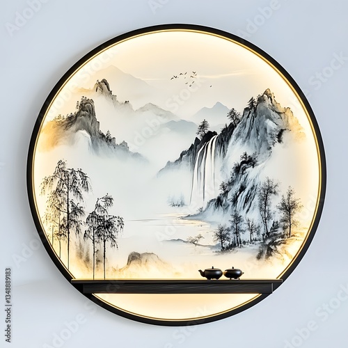 Wallpaper Mural A circular wall art piece featuring a landscape painting with lighting Torontodigital.ca