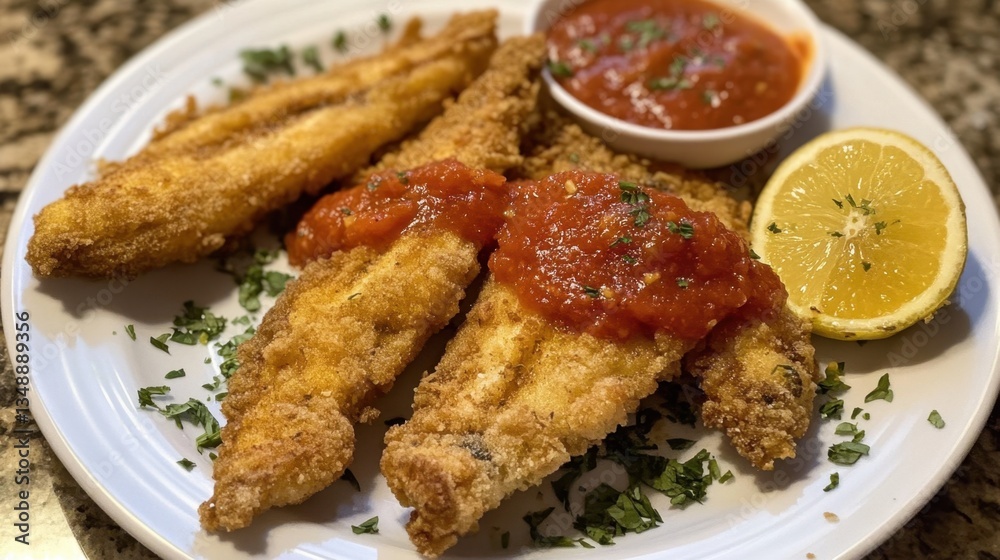 Golden fried catfish paired with zesty cocktail sauce, capturing the charm of amateur cooking with bold, simple flavors. Golden fried catfish paired with zesty cocktail sauce, capturing the charm of amateur cooking with bold, simple flavors.