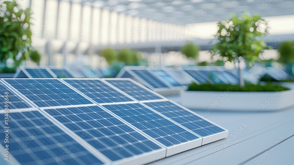 Fototapeta premium Strategic planning management sustainability concept. Solar panels in a modern, bright indoor space surrounded by greenery.