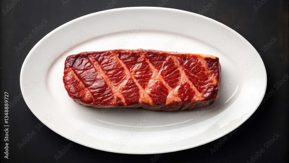 Sizzling New York Strip Steak on a White Plate: Gourmet Food Photography in a Dark Setting Sizzling New York Strip Steak on a White Plate: Gourmet Food Photography in a Dark Setting