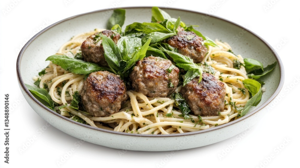 Delicious spaghetti with meatballs and fresh basil, served on a light-grey plate.