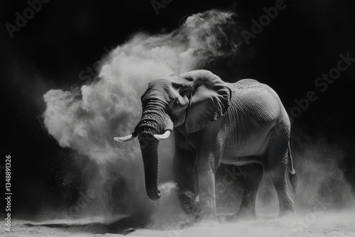 A large elephant is blowing dust in the air. The elephant is standing in the dirt and he is in a state of agitation