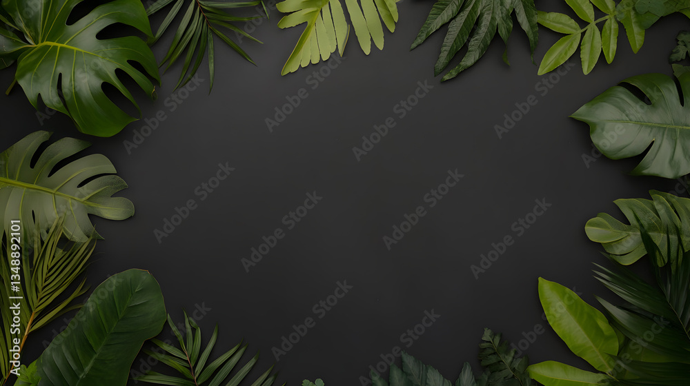 Naklejka premium A vibrant jungle-like scene with an assortment of tropical green leaves forming a dense border around a black empty space. The rich textures, intricate veins, and subtle shadows add dimension,