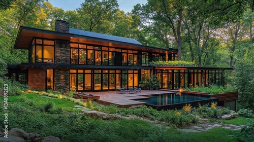 Modern home with pool, nestled in wooded landscape, evening light