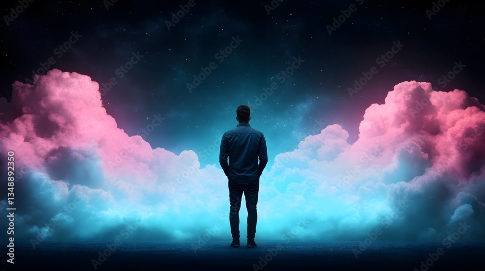 Surreal Man Contemplating Clouds Dreamy Sky, Abstract Concept, Hope, Imagination, Mystery, Fantasy Art. Surreal Man Contemplating Clouds Dreamy Sky, Abstract Concept, Hope, Imagination, Mystery, Fantasy Art.