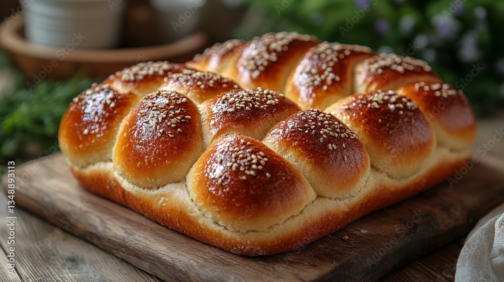 Freshly baked sesame bread with golden crust displayed on wooden board. Traditional homemade pull-apart roll perfect for breakfast, brunch, or dinner. Concept of artisanal baking and comfort food Freshly baked sesame bread with golden crust displayed on wooden board. Traditional homemade pull-apart roll perfect for breakfast, brunch, or dinner. Concept of artisanal baking and comfort food