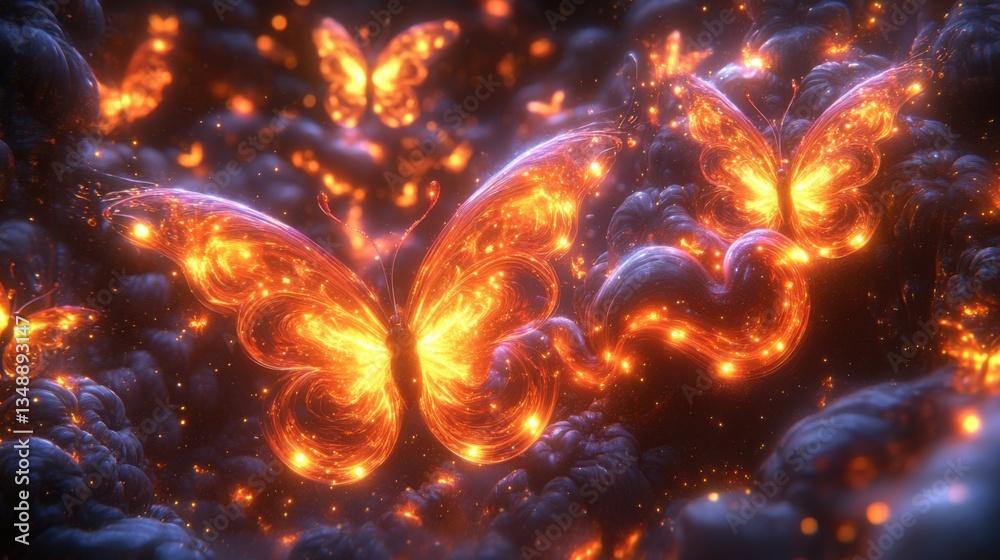 A mesmerizing formation of glowing butterflies flying toward the horizon of a misty sky. A mesmerizing formation of glowing butterflies flying toward the horizon of a misty sky.
