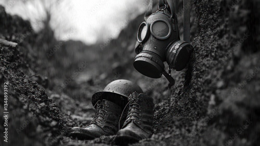 Fototapeta premium Vintage military gear including boots, helmet, and gas mask in a trench, evoking historical conflict