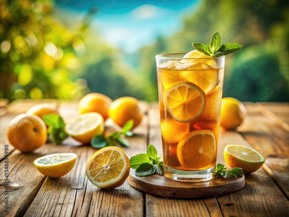 Fototapeta premium Sunlit lemon iced tea, perfectly chilled. Refreshing stock photo ideal for summer beverage advertising.