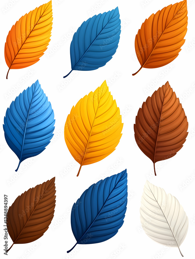 Nine autumn leaves in various colors on white Nine autumn leaves in various colors on white
